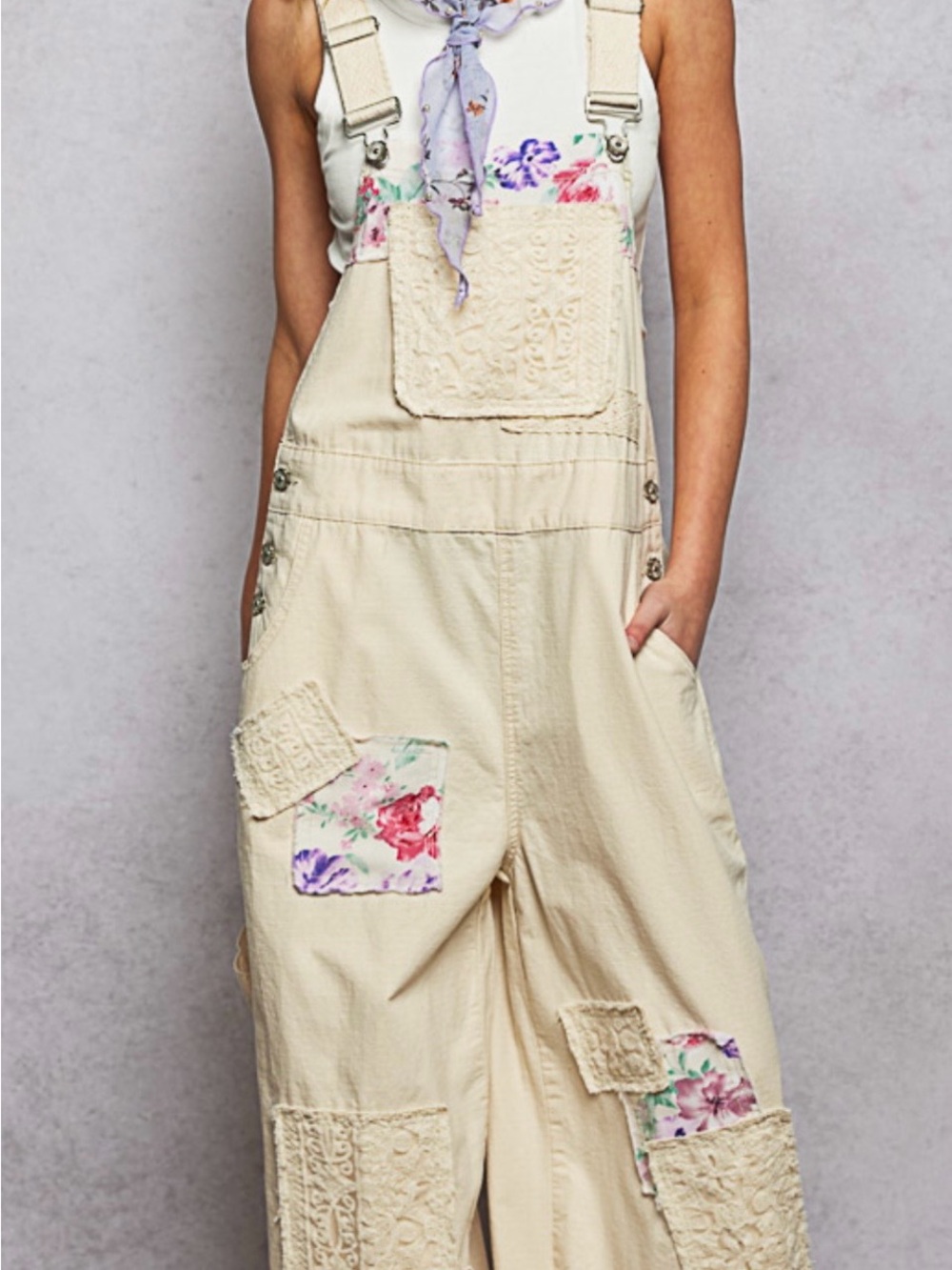 POL Cream Women's Patchwork Floral Overalls